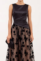 Load image into Gallery viewer, Floral Black Champagne Ruched Bateau Neck Satin A-Line Long Formal Dress