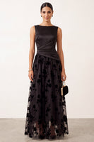 Load image into Gallery viewer, Floral Black Champagne Ruched Bateau Neck Satin A-Line Long Formal Dress