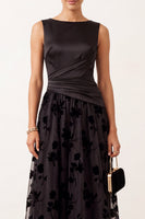 Load image into Gallery viewer, Floral Black Champagne Ruched Bateau Neck Satin A-Line Long Formal Dress