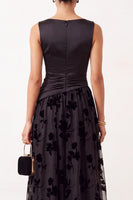 Load image into Gallery viewer, Floral Black Champagne Ruched Bateau Neck Satin A-Line Long Formal Dress