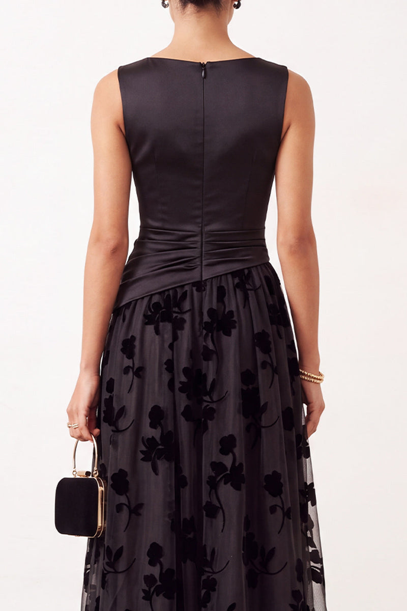 Load image into Gallery viewer, Floral Black Champagne Ruched Bateau Neck Satin A-Line Long Formal Dress