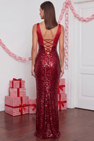 Load image into Gallery viewer, Sparkly Red V-Neck Mermaid Sequin Long Formal Dress
