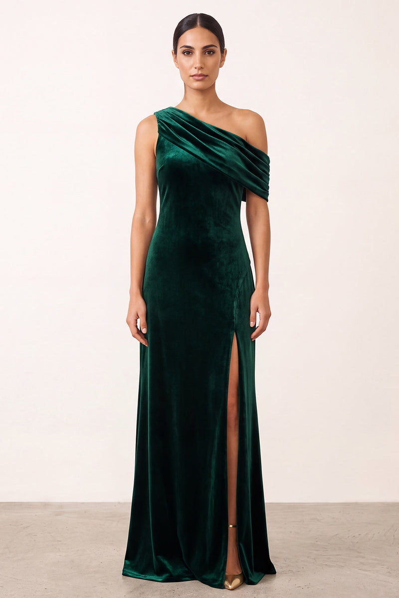 Load image into Gallery viewer, Dark Green Velvet Ruched One Shoulder Sheath Long Formal Dress with Slit