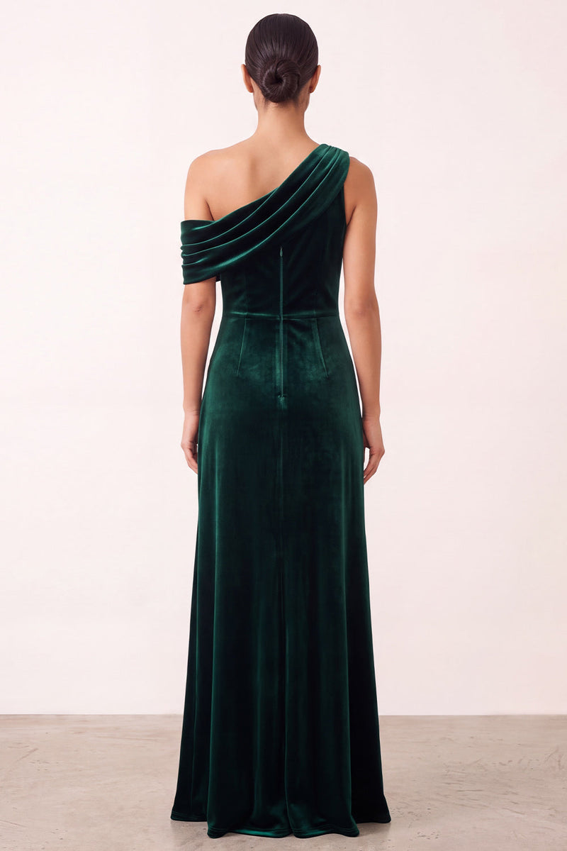 Load image into Gallery viewer, Dark Green Velvet Ruched One Shoulder Sheath Long Formal Dress with Slit