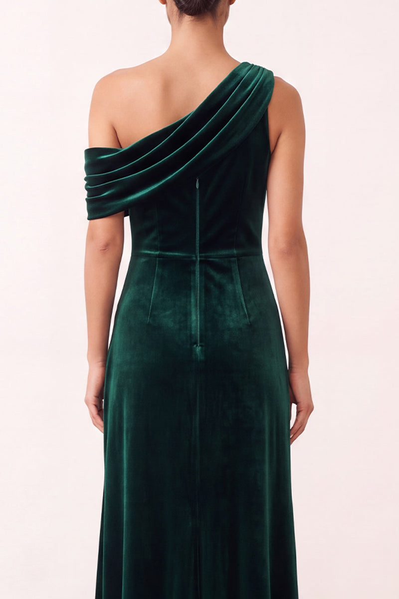 Load image into Gallery viewer, Dark Green Velvet Ruched One Shoulder Sheath Long Formal Dress with Slit