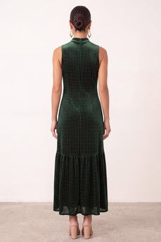 Dark Green Beaded Ruffled Velvet Sheath High Neck Long Formal Dress