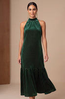 Load image into Gallery viewer, Dark Green Beaded Ruffled Velvet Sheath High Neck Long Formal Dress
