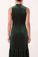 Load image into Gallery viewer, Dark Green Beaded Ruffled Velvet Sheath High Neck Long Formal Dress