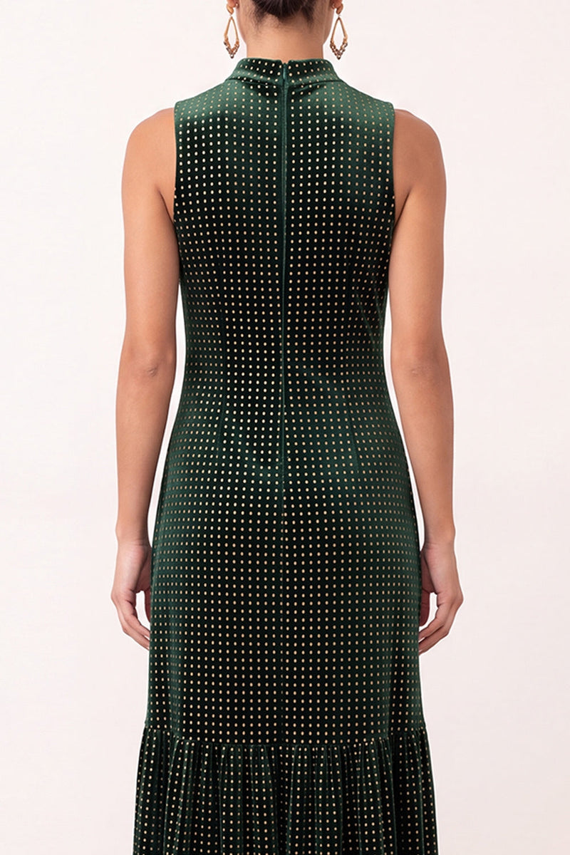 Load image into Gallery viewer, Dark Green Beaded Ruffled Velvet Sheath High Neck Long Formal Dress