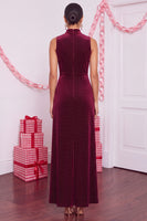 Load image into Gallery viewer, Burgundy Sheath High Neck Beaded Velvet Maxi Formal Dress with Slit