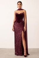 Load image into Gallery viewer, Sparkly Burgundy Mermaid Sequin Strapless Long Formal Dress with Neck Scraf