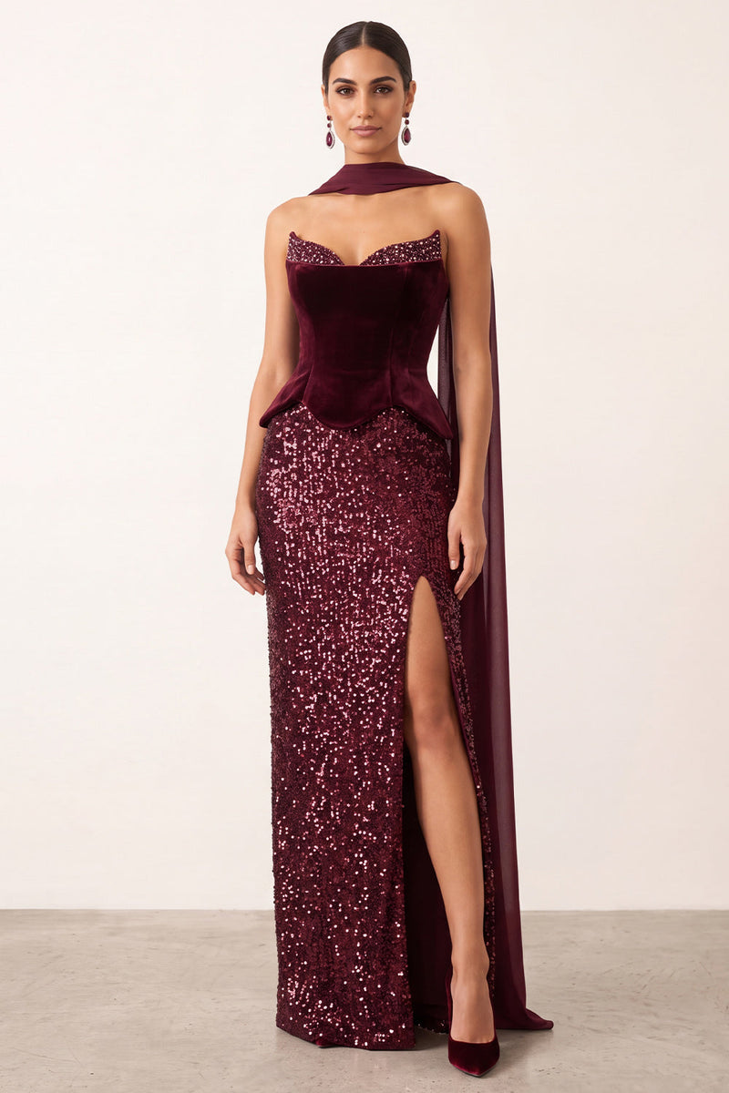 Load image into Gallery viewer, Sparkly Burgundy Mermaid Sequin Strapless Long Formal Dress with Neck Scraf