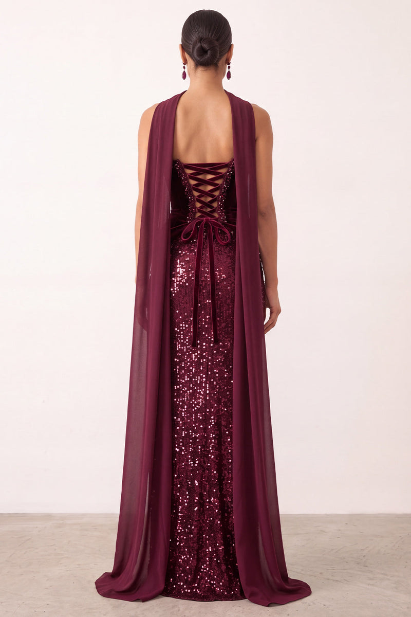 Load image into Gallery viewer, Sparkly Burgundy Mermaid Sequin Strapless Long Formal Dress with Neck Scraf