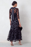 Load image into Gallery viewer, Floral Black Ruffled Round Neck 3/4 Sleeves Long Formal Dress with Neck Scarf