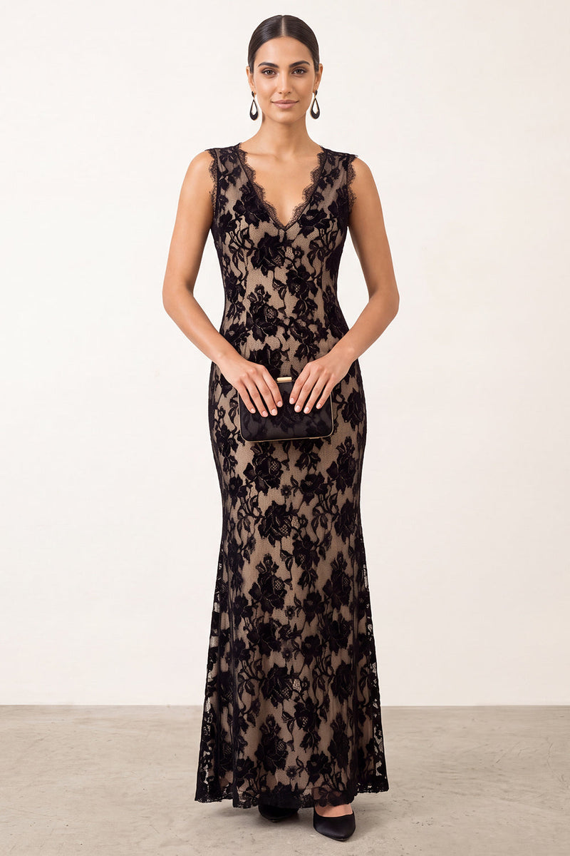 Load image into Gallery viewer, Black Floral Mermaid V-Neck Lace Long Formal Dress