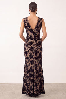 Black Floral Mermaid V-Neck Lace Long Formal Dress