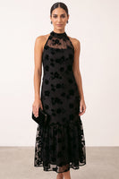 Load image into Gallery viewer, Floral Black Ruffled High Neck Sheath Long Formal Dress