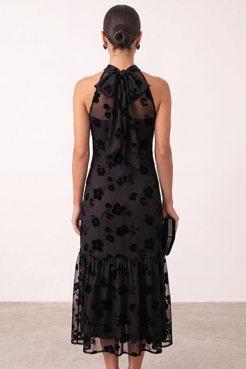 Load image into Gallery viewer, Floral Black Ruffled High Neck Sheath Long Formal Dress