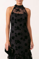 Load image into Gallery viewer, Floral Black Ruffled High Neck Sheath Long Formal Dress