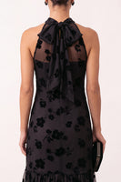 Load image into Gallery viewer, Floral Black Ruffled High Neck Sheath Long Formal Dress