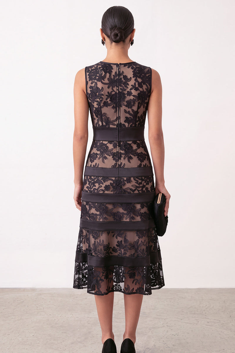 Load image into Gallery viewer, Black Round Neck Bodycon Midi Formal Dress