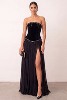 Load image into Gallery viewer, Black Corset A Line Beaded Strapless Long Formal Dress with Slit