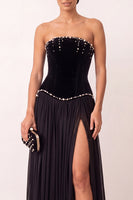 Load image into Gallery viewer, Black Corset A Line Beaded Strapless Long Formal Dress with Slit