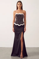Load image into Gallery viewer, Sparkly Black White Mermaid Beaded Satin Long Formal Dress with Slit