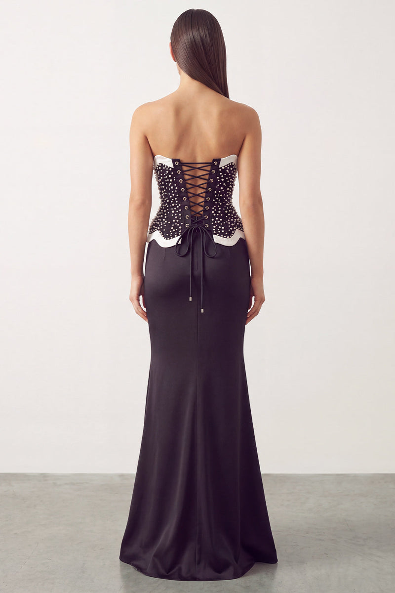 Load image into Gallery viewer, Sparkly Black White Mermaid Beaded Satin Long Formal Dress with Slit
