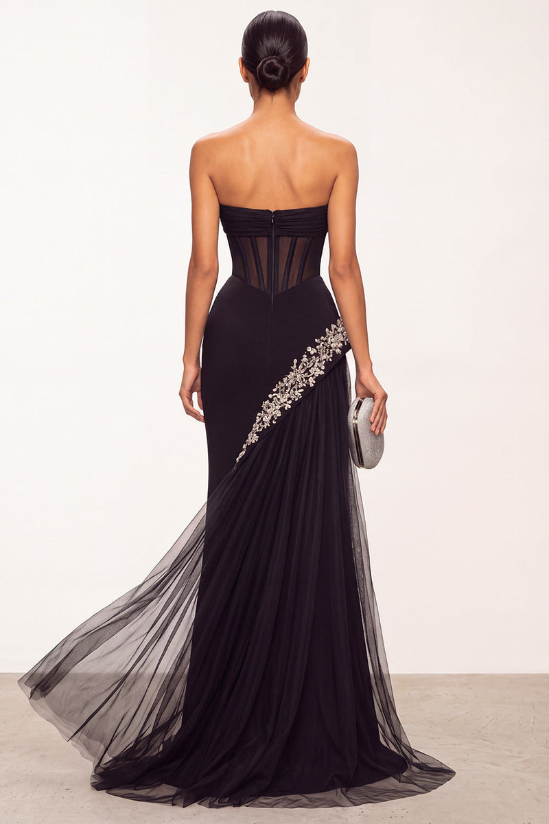 Load image into Gallery viewer, Black Corset Beaded Sweetheart Mermaid Long Formal Dress with Slit