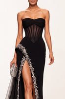 Load image into Gallery viewer, Black Corset Beaded Sweetheart Mermaid Long Formal Dress with Slit