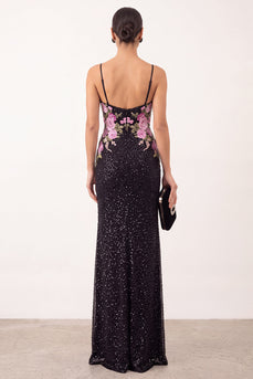 Sparkly Black Beaded Mermaid Floral Long Formal Dress with Slit
