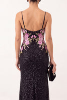 Load image into Gallery viewer, Sparkly Black Beaded Mermaid Floral Long Formal Dress with Slit