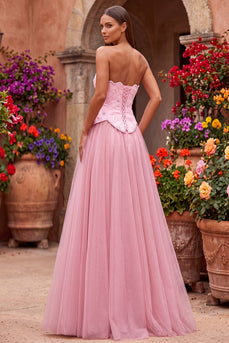 Sparkly Pink Floral Beaded A Line Sweetheart Tulle Long Prom Dress