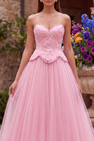 Load image into Gallery viewer, Sparkly Pink Floral Beaded A Line Sweetheart Tulle Long Prom Dress