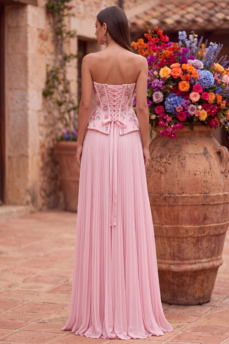 Load image into Gallery viewer, Sparkly Pink Floral Corset Beaded Strapless Pleated Chiffon Long Prom Dress with Slit