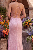 Load image into Gallery viewer, Sparkly Pink Satin Mermaid Beaded Long Pearl Prom Dress with Slit