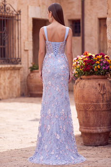 Sparkly Blue Corset Floral Beaded Mermaid Long Prom Dress with Slit