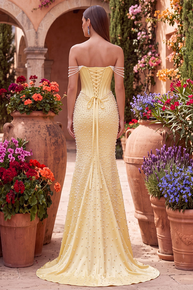 Load image into Gallery viewer, Sparkly Yellow Satin Corset Mermaid Beaded Long Prom Dress with Pearls