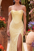 Load image into Gallery viewer, Sparkly Yellow Satin Corset Mermaid Beaded Long Prom Dress with Pearls