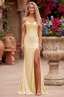 Load image into Gallery viewer, Sparkly Yellow Satin Corset Mermaid Beaded Long Prom Dress with Pearls