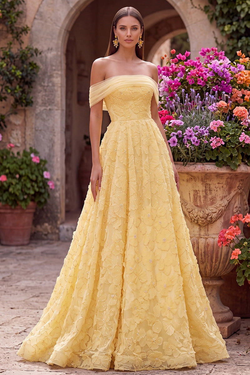 Load image into Gallery viewer, Sparkly Yellow A-Line Off the Shoulder Floral Corset Long Beaded Prom Dress