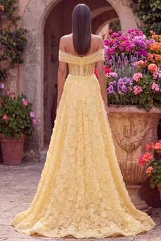 Sparkly Yellow A-Line Off the Shoulder Floral Corset Long Beaded Prom Dress