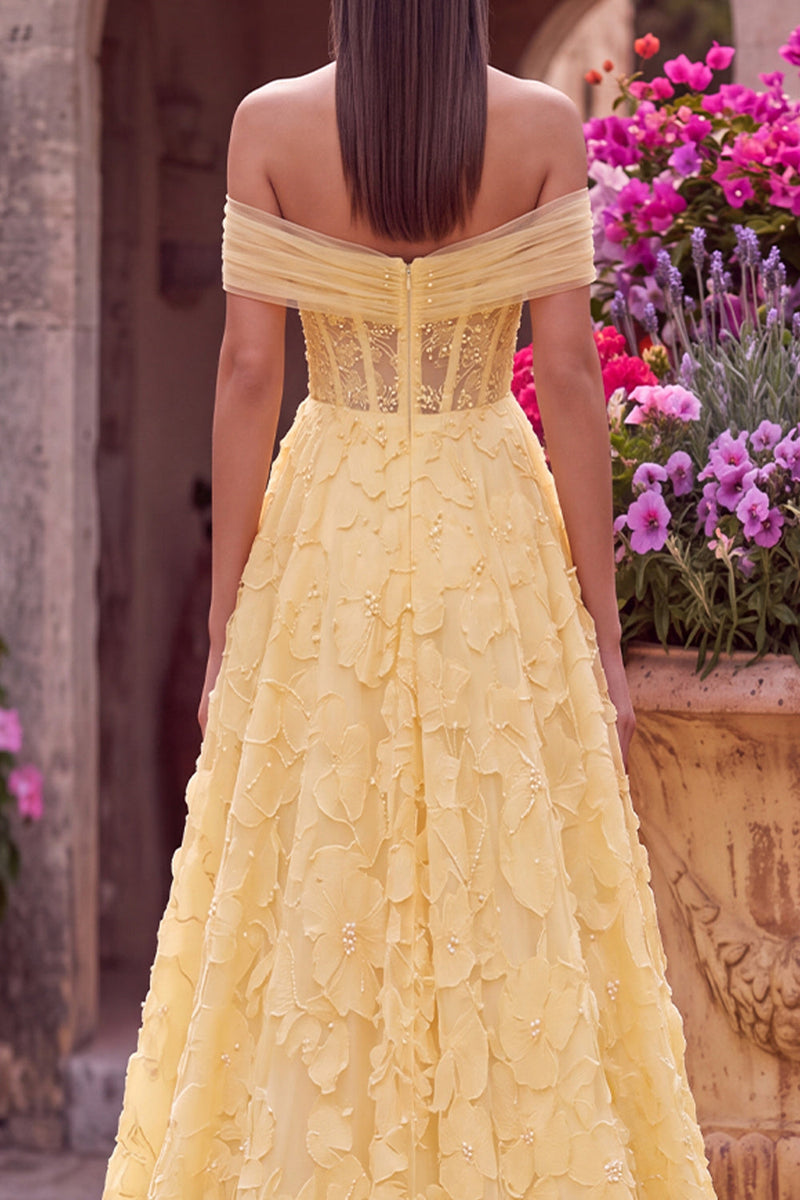 Load image into Gallery viewer, Sparkly Yellow A-Line Off the Shoulder Floral Corset Long Beaded Prom Dress