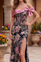 Load image into Gallery viewer, Sparkly Black Pink Floral Mermaid Sequins Long Corset Prom Dress with Bow