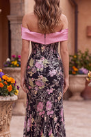 Load image into Gallery viewer, Sparkly Black Pink Floral Mermaid Sequins Long Corset Prom Dress with Bow