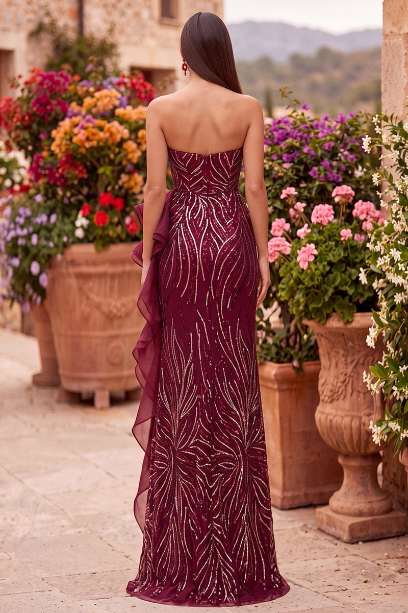Load image into Gallery viewer, Sparkly Burgundy Sequins Mermaid Ruffled Strapless Long Prom Dress with Slit