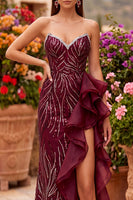 Load image into Gallery viewer, Sparkly Burgundy Sequins Mermaid Ruffled Strapless Long Prom Dress with Slit