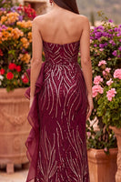 Load image into Gallery viewer, Sparkly Burgundy Sequins Mermaid Ruffled Strapless Long Prom Dress with Slit