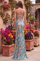 Load image into Gallery viewer, Sparkly Blue Corset Floral Mermaid Sequins Strapless Long Prom Dress with Slit